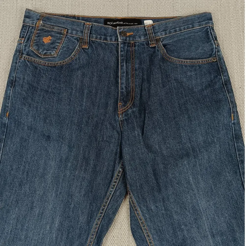 Rocawear Vintage Jeans Mens 38X32 Dark Wash Wide‎ Leg Embroidered Logo Street